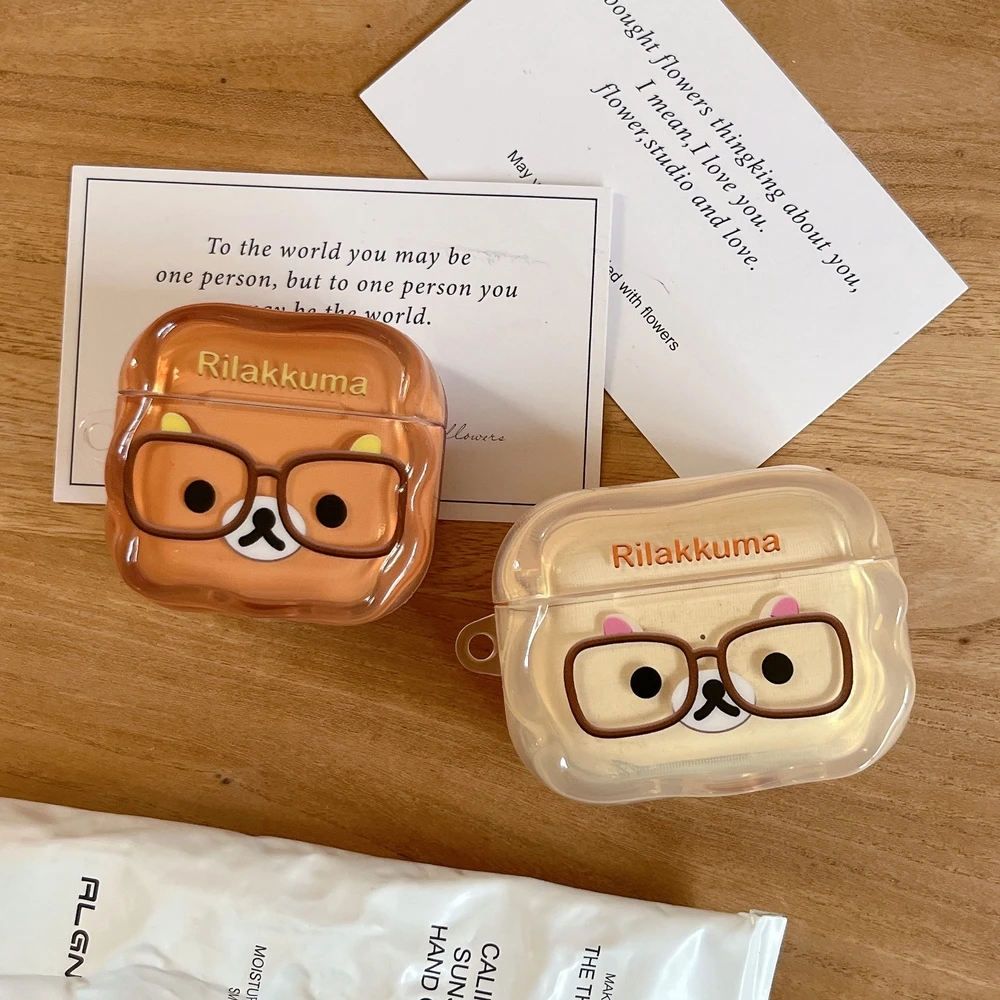 Cute Cartoon Rilakkuma Bear  Earphone Case For Airpods 4 Pro 3 2 1 Wireless Bluetooth Headset Protective Cover With Keychain