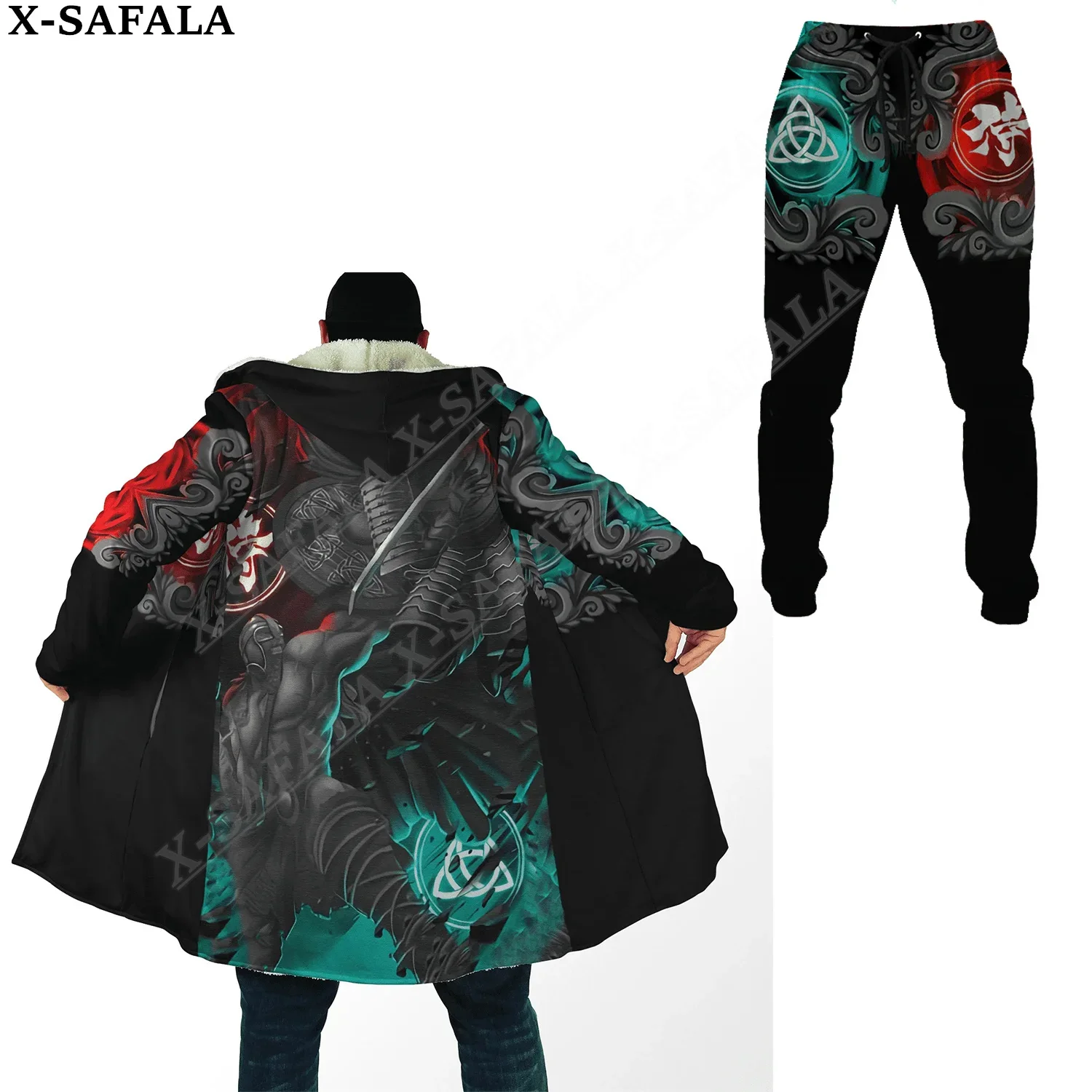 

Japan Samurai Mask Tattoo Thick Warm Hooded Cloak Sweatpants Combo Set Overcoat Coat Windproof Fleece Unisex Joggers Trousers-1