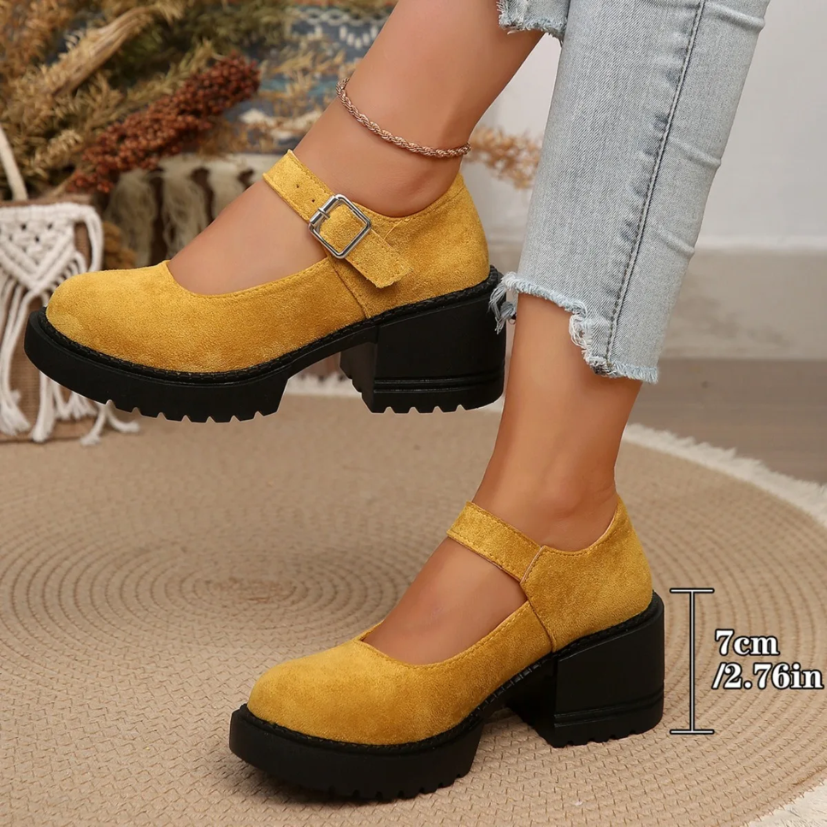 2026 Women New High-heeled Shoes Round-toe Thick-soled Single-line Buckle Belt Thick Heel All-match Suede Mary Jane Shoes 35-42