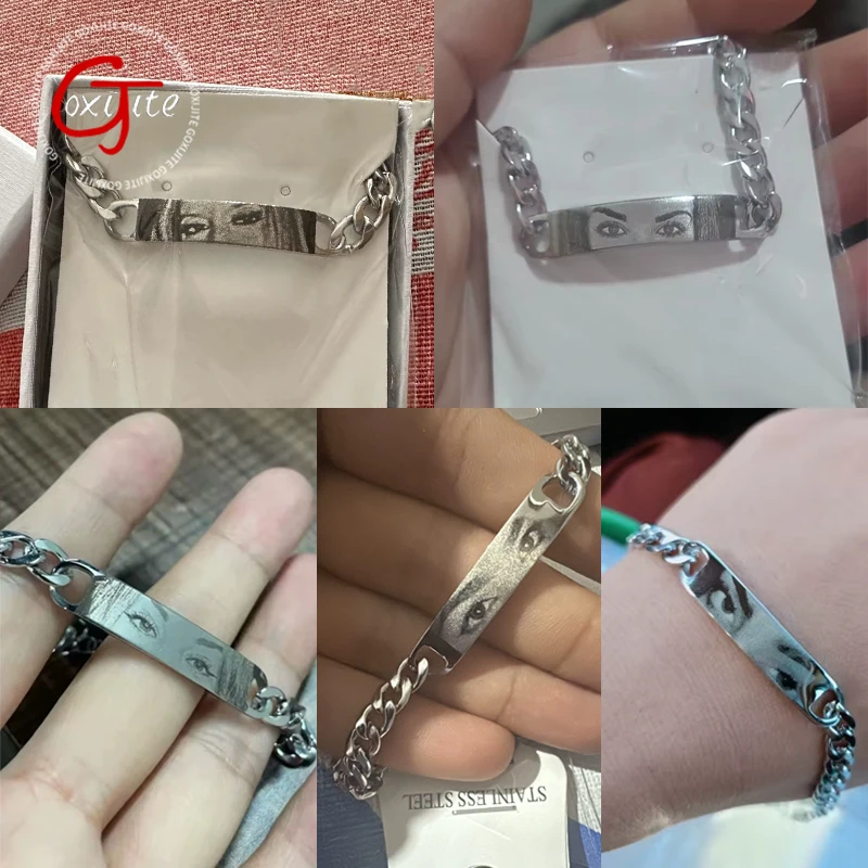 Goxijite Personalized Eyes Photo Bracele For Women Men Stainless Steel Engraved Eye Name Bracelets Creative Jewelry Party Gifts