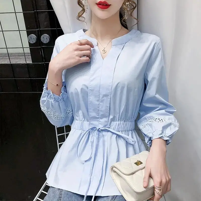 Spring New Drawstring Loose Hollow Out Blouse Solid Color Lacing Pleated All-match Shirt Tops Elegant Vintage Women Clothing