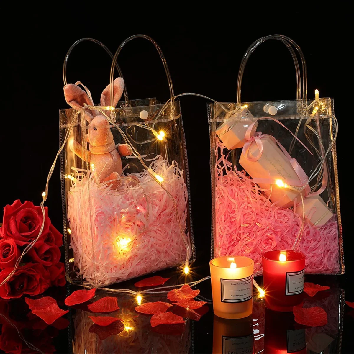 ABNP 50 STKS Doorzichtige PVC-cadeauzakjes met handvatten Herbruikbare plastic draagtassen Transparante boodschappentas voor Kerstmis