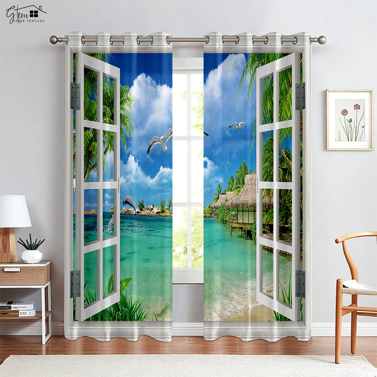 

3D Printed Curtains For Seaside Scenery Outside The Window, Suitable For Living Room, Bedroom And Guest Room Decorative Curtains