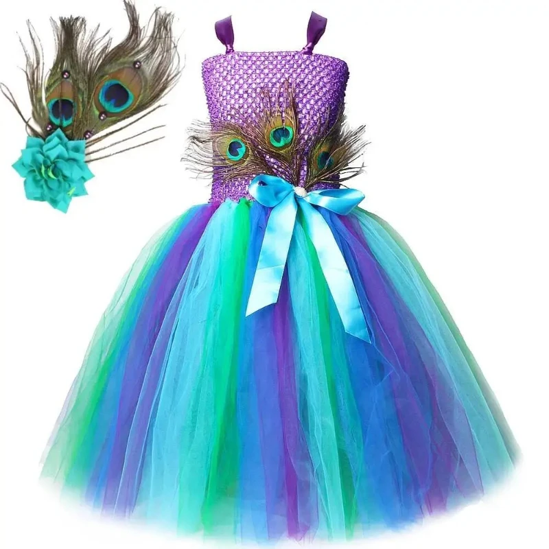 Peacock Feathers Long Dresses for Girls Birthday Floor Outfit Princess Pageant Ball Gown for Kids Christmas Halloween Costumes