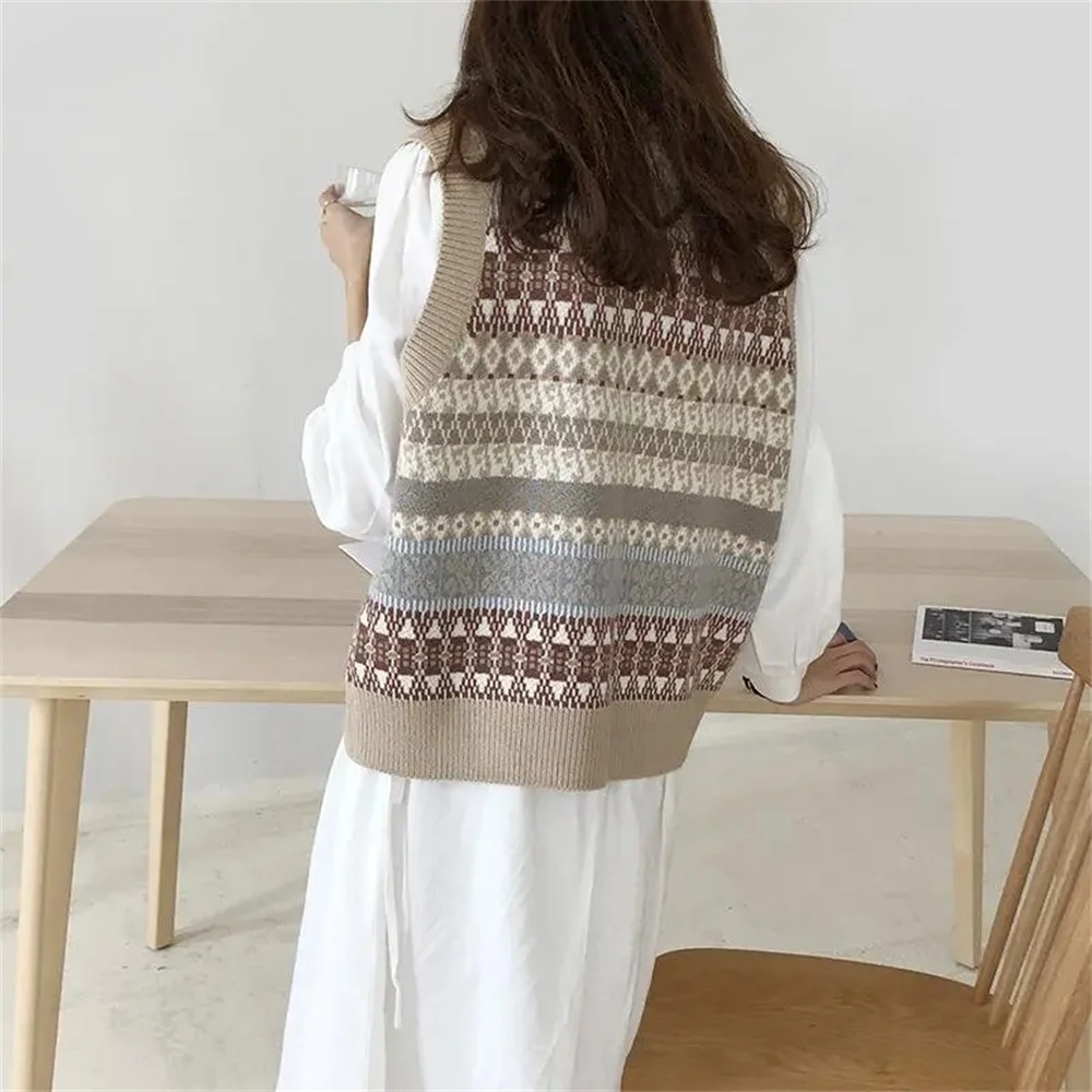 Loose Oversized Tops Autumn Basic Vintage Pullovers Jumper Female Street Wear Geometric Knitted Vest Sleeveless Sweater Women