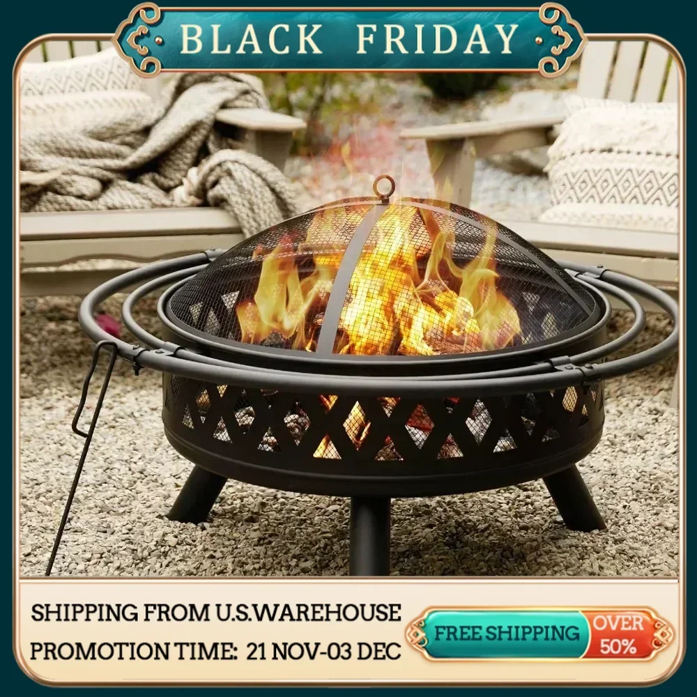 

35 Inch Fire Pit, Outdoor Wood Burning Fire Pit Crossweave with Spark Screen Fire Poker with 2 Loops, for Patio Garden Bonfire