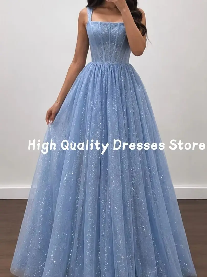 Prom Dresses Light Blue Glitter Tulle A‑Line Gown Square Neck Corset Lace‑Up Back Graduation Party Wedding Guest Customized ﻿
