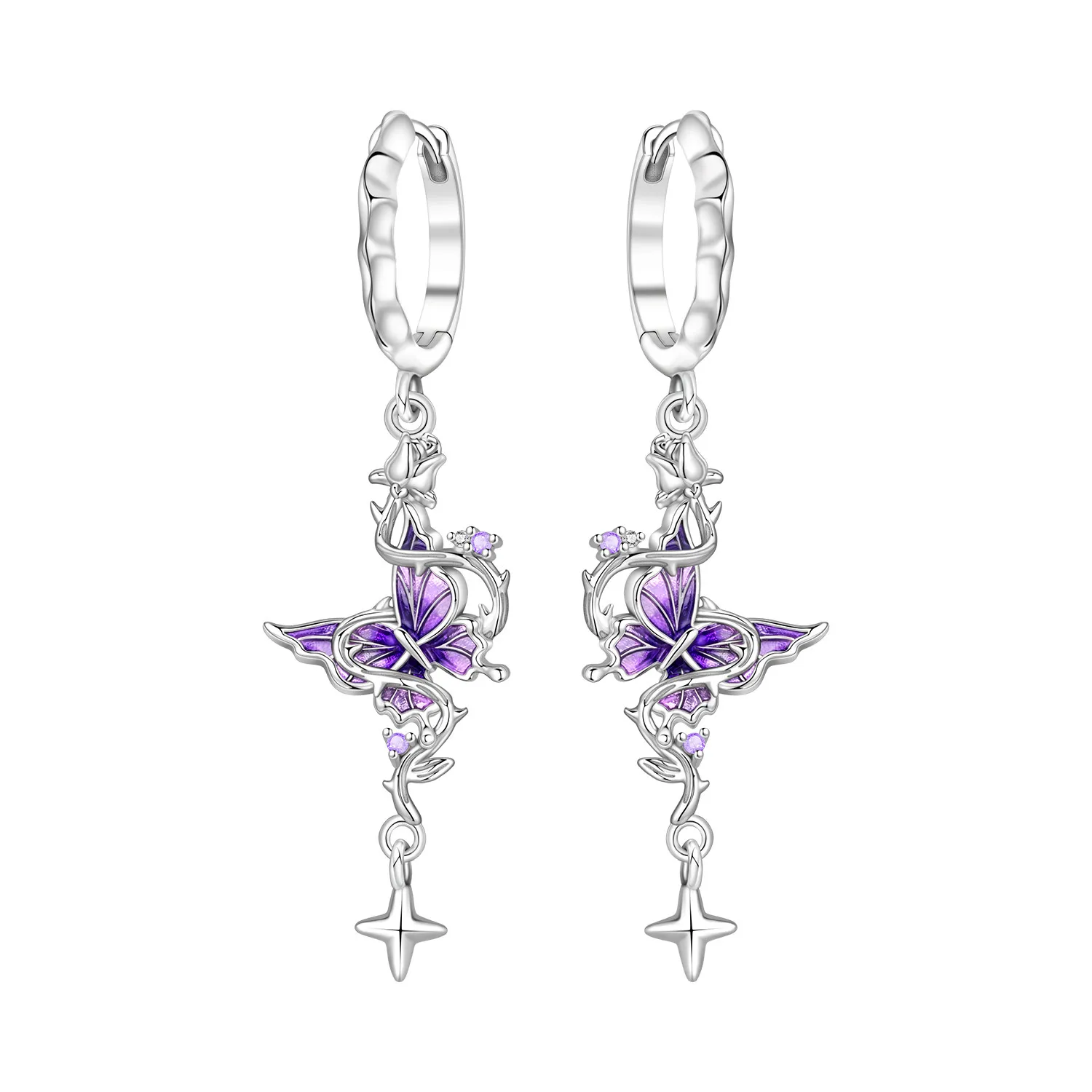 Original 925 Sterling Silber Ohrringe, Vielseitige Exquisite Hellviolette Rosa Blumen-Schmetterlings-Ohrringe, Schmuck für Frauen zum Geburtstag – Detail 19