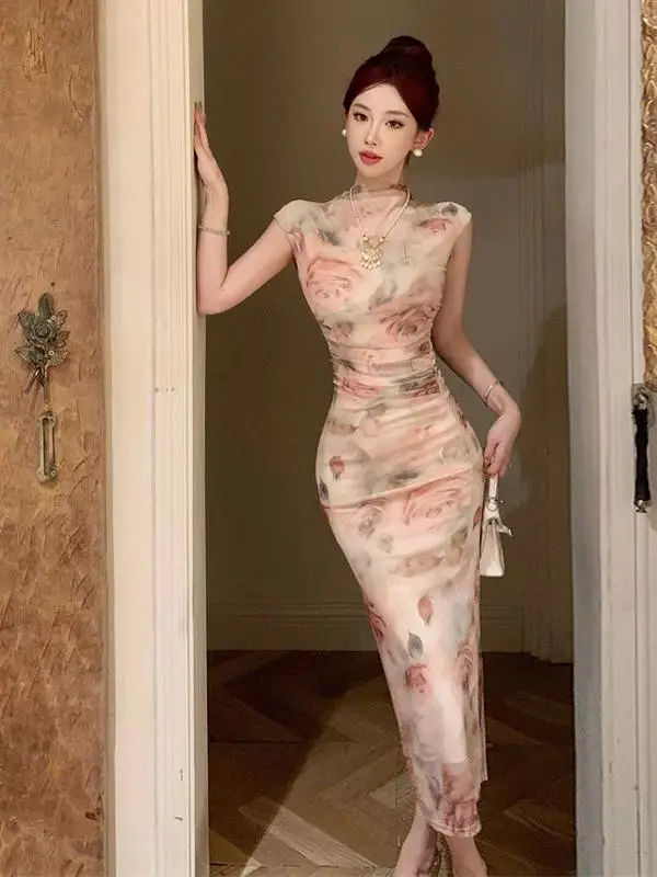 

Elegant Slim Fit Printed Mesh Dress High End Sensation City Commute Date Tour Daily Wear H Type Skirt Half High Collar