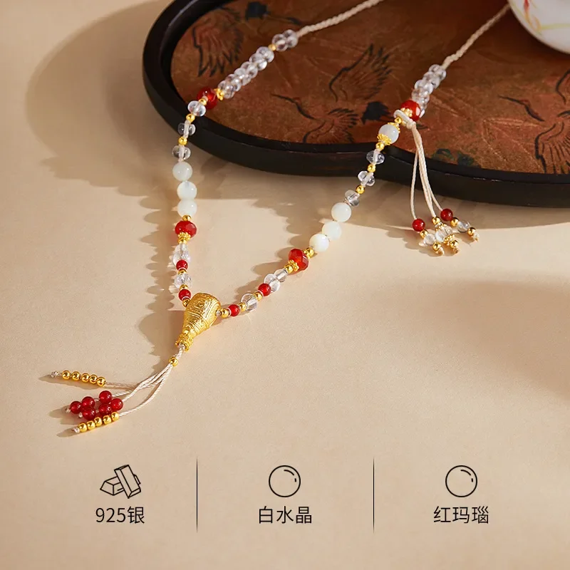 S925 sterling silver Indian pattern tee natural white crystal agate necklace women's retro long fringed sweater chain