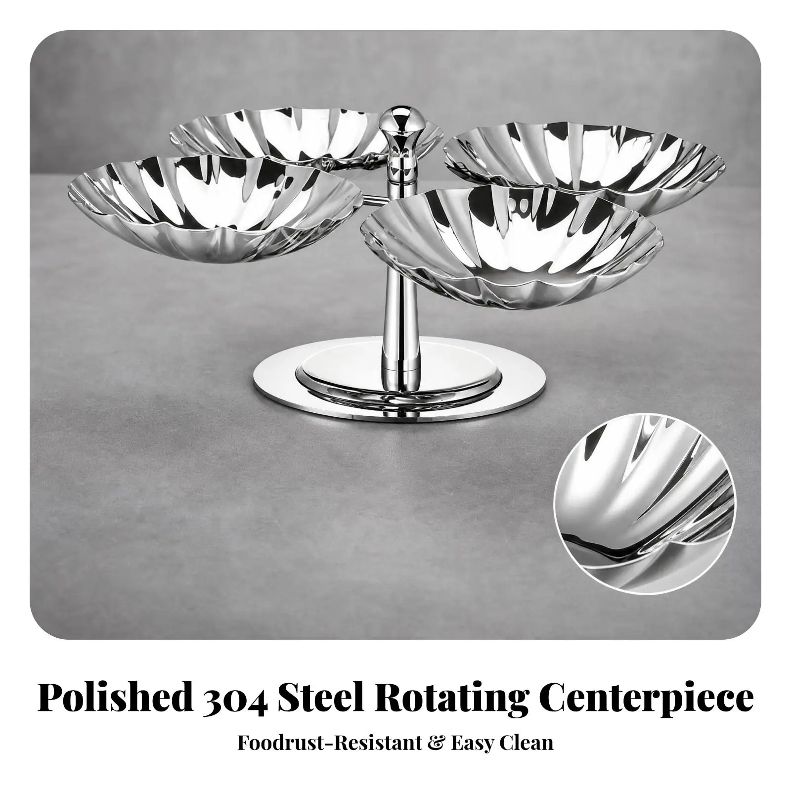 Stainless Steel Rotating Dessert Bowl Stand with 4 Head Daisy Cutout Cups for Showcase Pastry and Sweet Table Decor