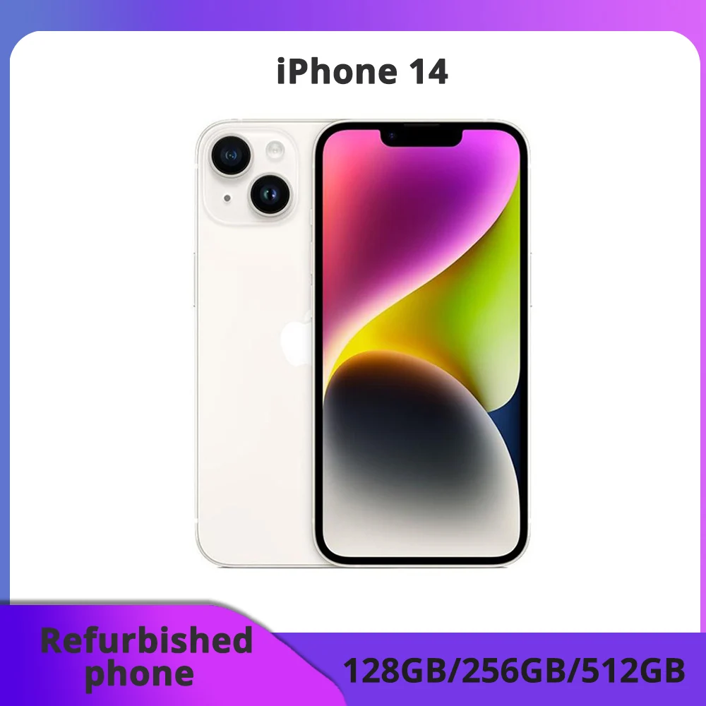 هاتف مجدد Apple iPhone 14 5G هاتف محمول 128 جيجابايت/GB ROM معرف الوجه "6.1 Super Retina OLED 12MP NFC بحالة ممتازة