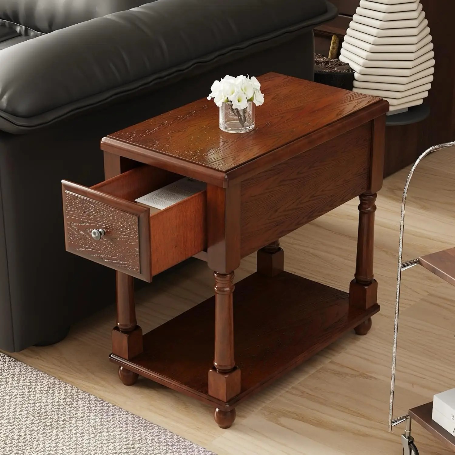 طاولة ذات نهاية ضيقة مع درج ورف، طاولة أريكة رفيعة من الخشب الصلب، 22 بوصة لتر، جوز داكن، مجموعة بدون أدوات #1
