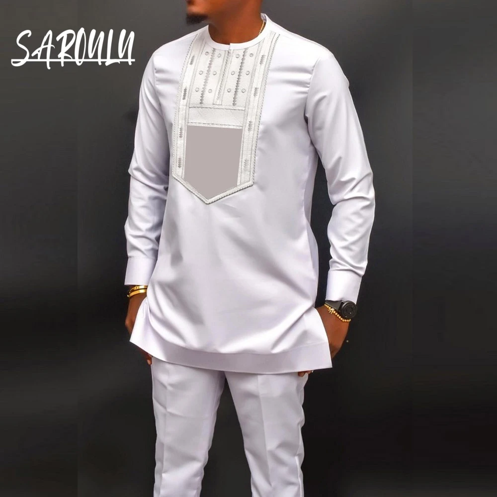 

Two Pieces O Neck Long Sleeves African Patterned Men's Shirt On Sale Arabic Daily Solid Color Party Wear Dubai Moroccan Clothing