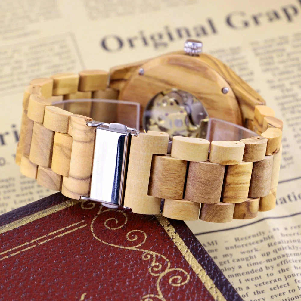 NEW Light Colored Wooden Spiral Design Roman Digital Mechanical Men\'s Watch Casual Fashion Folding Buckle Wooden Watch