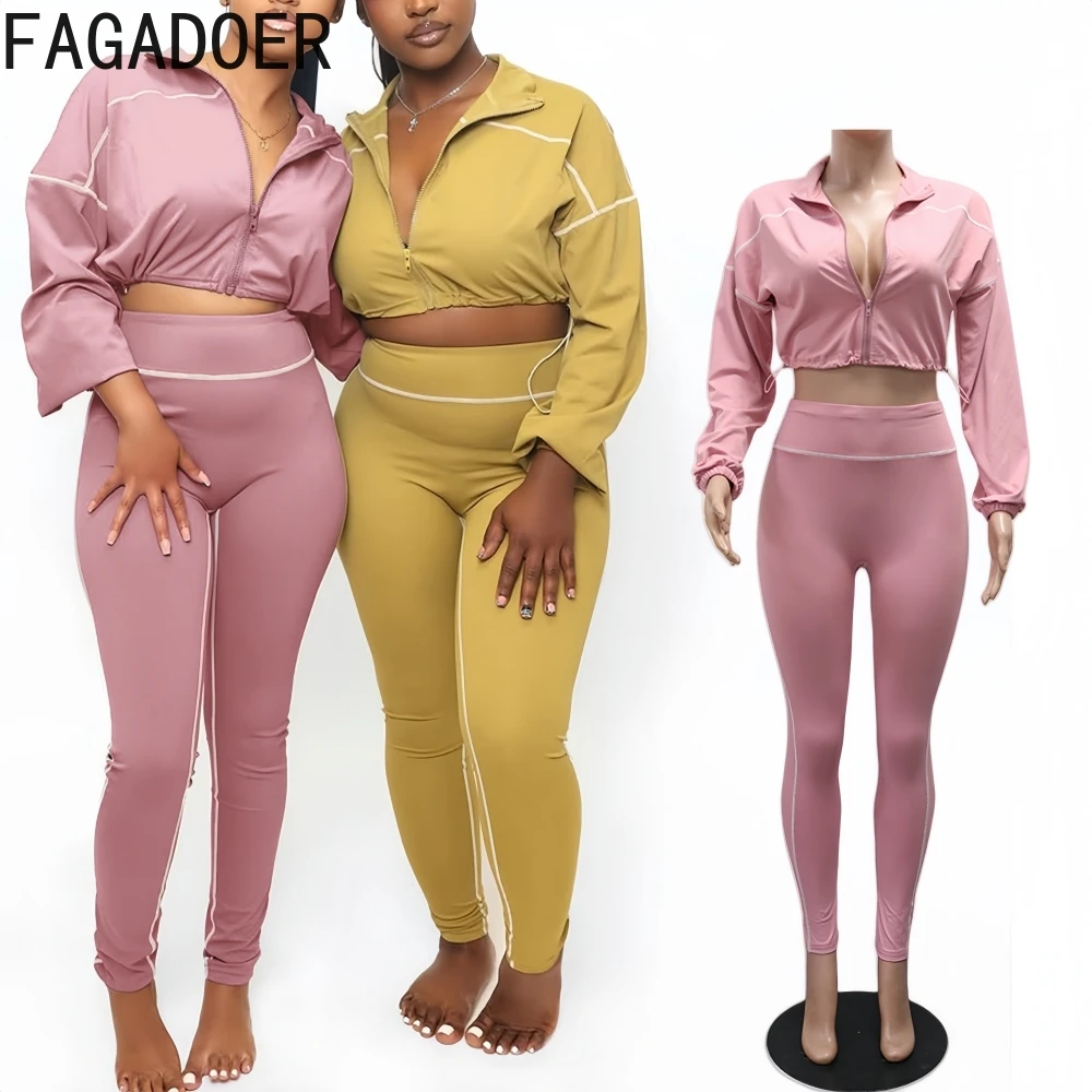 

FAGADOER Fashion Sport 2 Pieces Set for Woman Long Sleeves Crop Top + Skiny Pants Matching Tracksuits Female Streetwear Clothing