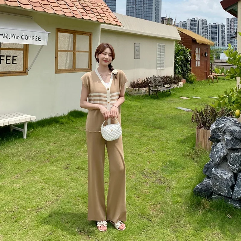 

New Summer Knitted Pant Sets Women Korean Fashion Contrast Color V-neck Short Sleeve Casual Pullover Tops + Wide Leg Pants Suit