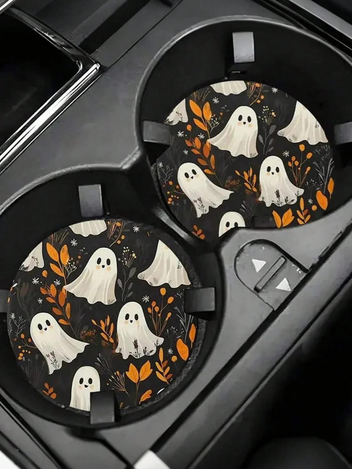 Набор автомобильных подставок на Хэллоуин из 2 предметов — рисунок призрака и тыквы, нескользящая резиновая основа, подходит для украшения интерьера автомобиля, Хэллоуина
