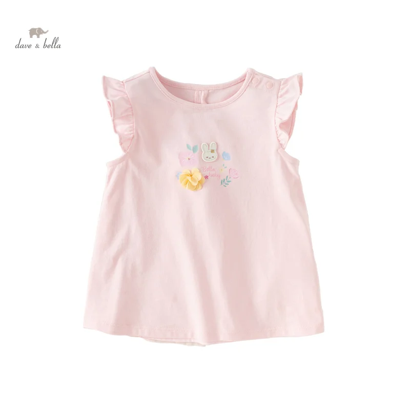 Dave Bella 2024 New Summer Girl's Baby T-Shirt Children Thin Top Cotton Casual Fashion Flying Sleeves Sport Undershirt DB2240950