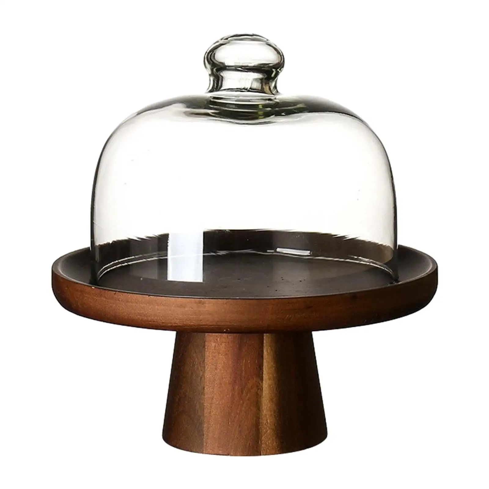 Vintage Wooden Cake Stand with Clear Lid Crystal Footed Dessert Tray Display Plate for Buffet and Sweet Table Events