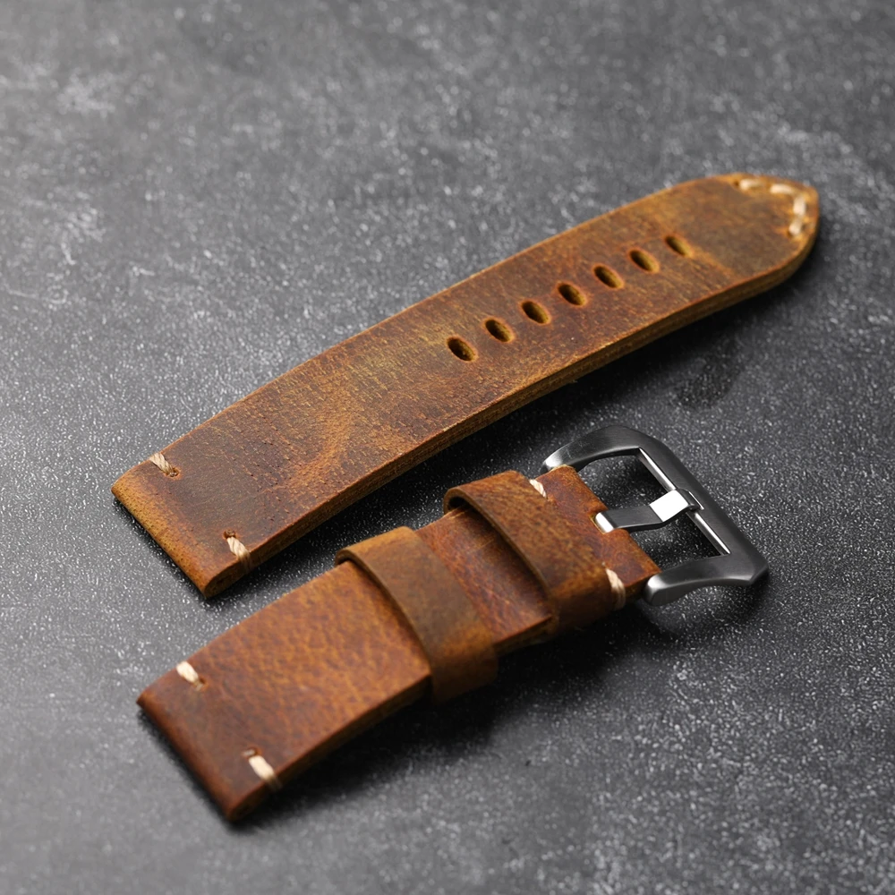 Handmade Thick Brown Leather Strap 24MM Vintage Soft Old Bracelet For PAM111 441 44mm Dial Men Watchbands