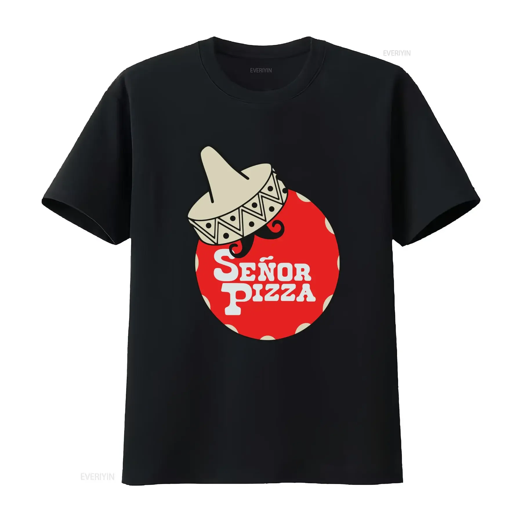 Funny Cartoon Señor Pizza Mexican Sombrero Mustache Print Casual T Shirt vintage Washed fashion Stylish Slightly Comfortable