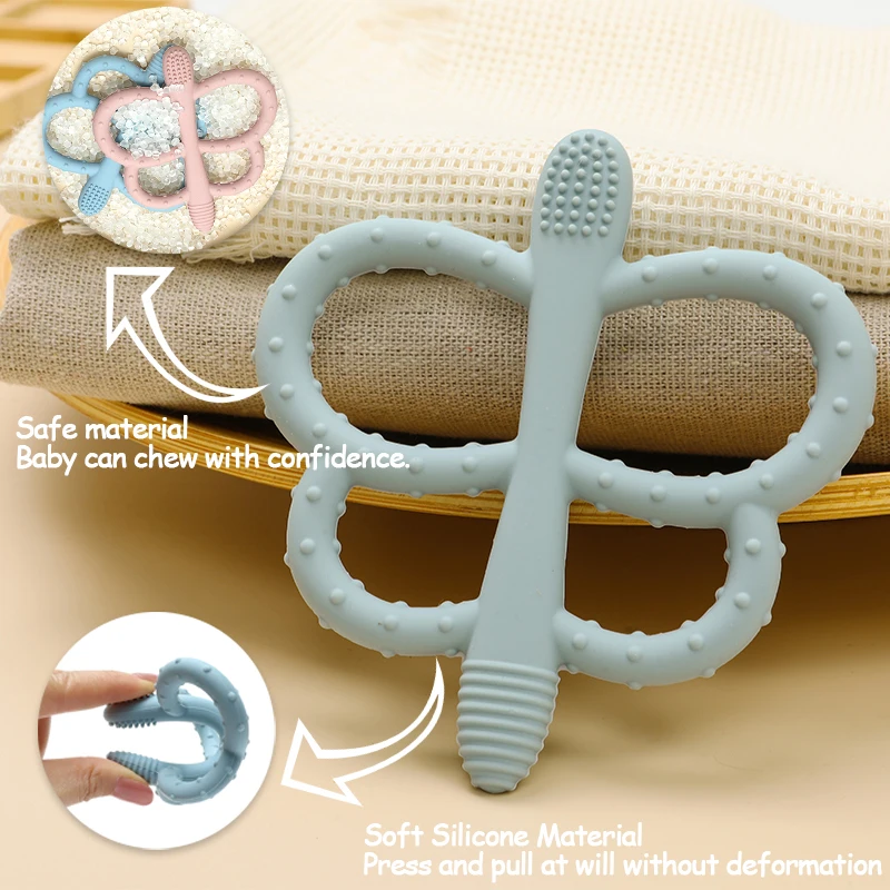 Giocattoli per la dentizione della farfalla del bambino BPA gratuito a forma di animale carino Massaggiagengive in silicone morbido Facile da impugnare Giocattolo da masticare infantile Accessori per neonati