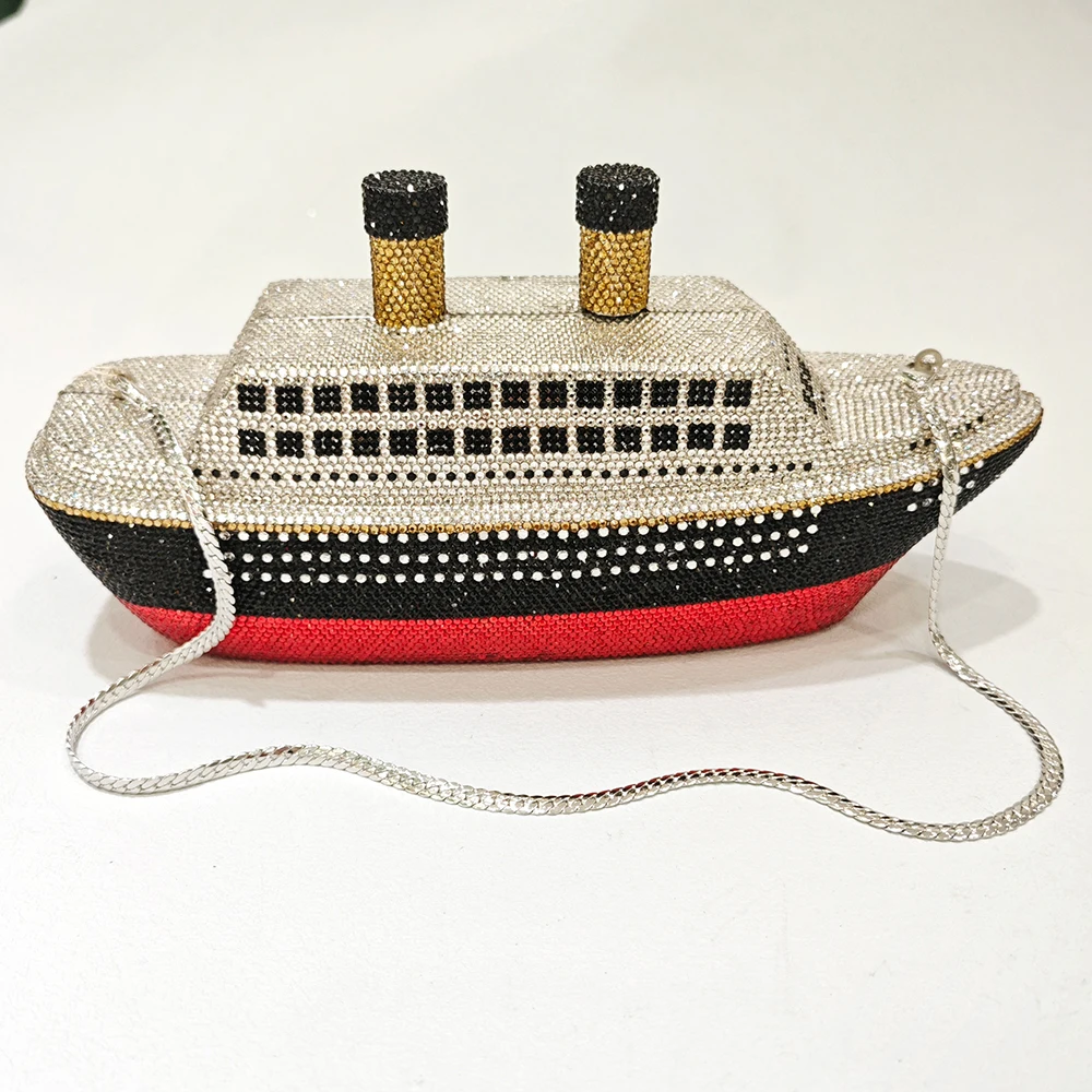 Best Quality Full Diamond Ship Shape Women Clutches Bags 2 Colors White/Black Crystal Ladies Party Dinner Purses And Handbags