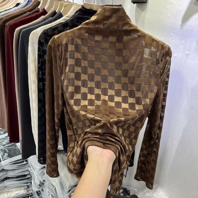 Lace Thin Long-sleeved Base Shirt Half Turtle Neck Slim Slim T-shirt Plaid Mesh Top