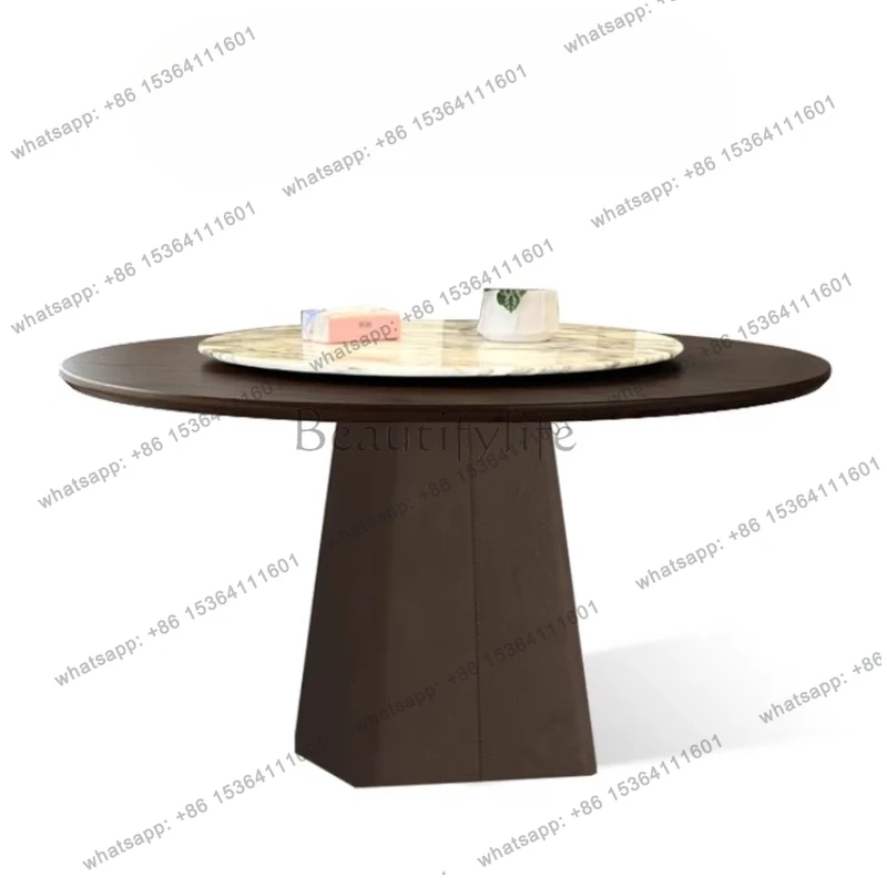 Medieval smoked solid wood natural marble dining table round large white luxury stone turntable dining table 1.35 meters