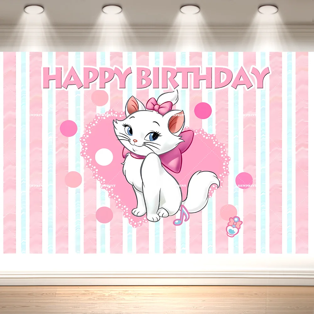 Dewprint Pink M- Marie White Cat Happy Birthday Backdrop, Sweet Heart Girls Themed Birthday Party Photo Booth Background Banner