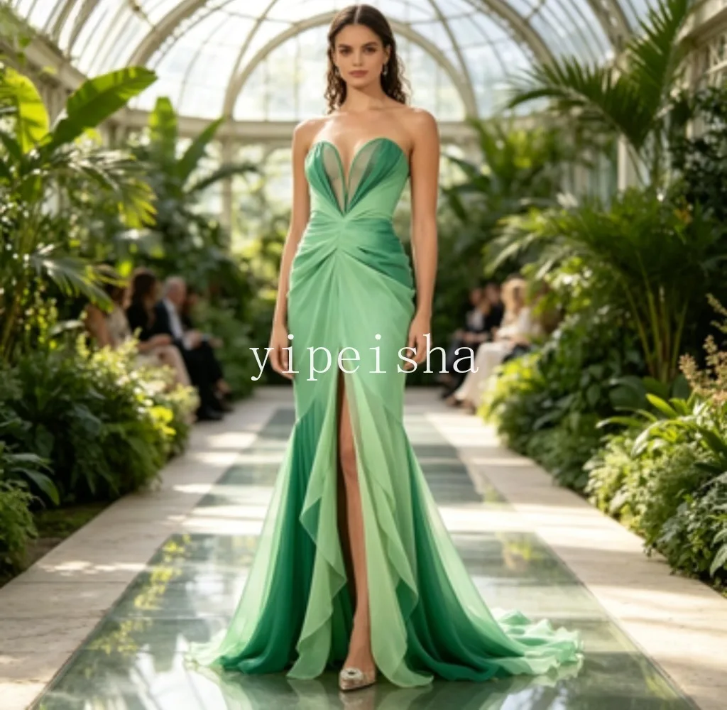 Customized Gradient Green Mermaid Evening Dress Strapless Deep V Ruched Waist High Slit Ruffle Hem Floor Length Formal Prom Gown