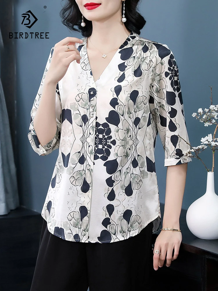 BirdTree 92%Real Silk Elegant Shirt For Women, Half Sleeve V Neck, Vintage Printed Temperament Blouse, 2024 Spring New T42284QC