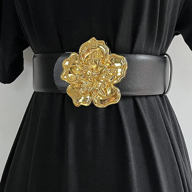 

2025 Women's Genuine Leather Gold Silver Flower Buckle Wide Waist Seal Dress Decoration Corset Belts for Women Ladies Waist Belt
