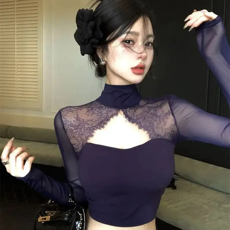 

Korean Style T-Shirt Hot Girl Design Lace Stitching Hollow Sexy Pure Desire Bottoming Women Summer Long-Sleeved Top