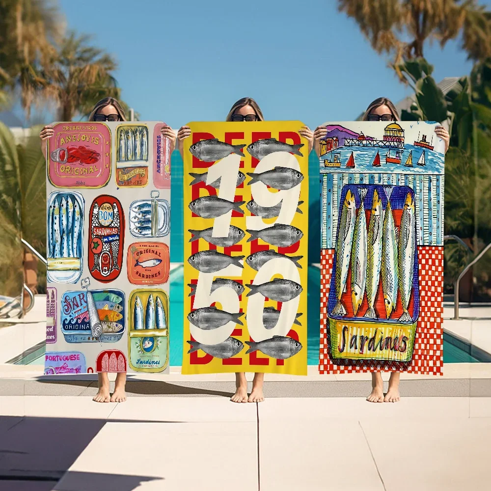 Toalla de playa de microfibra colorida, sardina, langosta, pez, océano, absorbente, de secado rápido, suave, para Yoga, natación, complejo, escalada de montaña