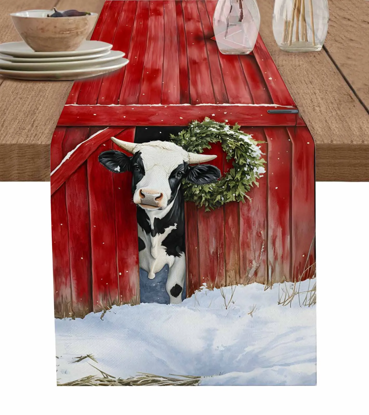 Christmas Red Farmhouse Cow Wreath Table Runners for Dining Room Coffee Home Decoration Tablecloth 4/6 Pcs Placemats Table Cover