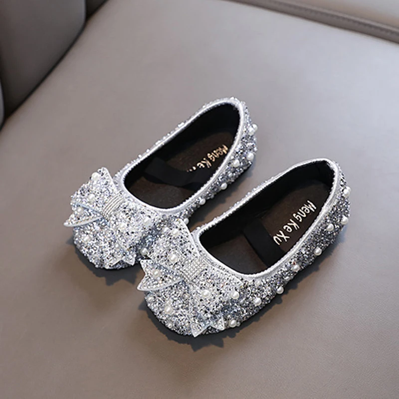 AvoDovA-Bowknot Princess Shoes PU Leather Bowknot Glitter Pearl Non-slip Flat Shoes Birthday Wedding Party Children s Shoes