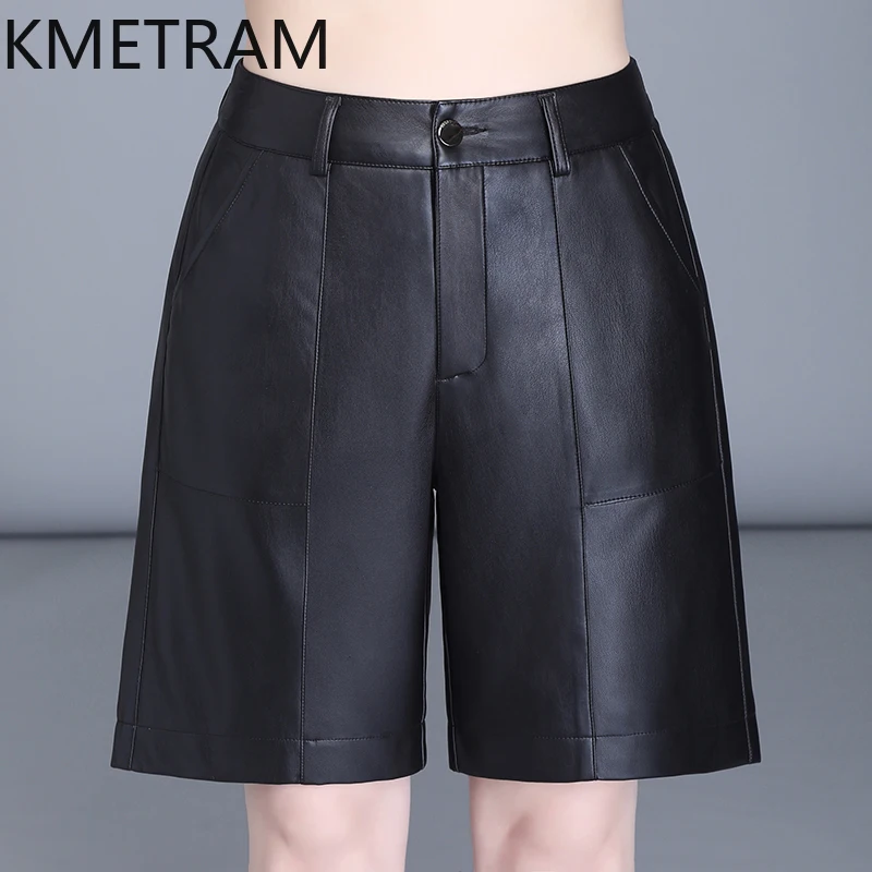 KMETRAM Genuine Leather Womens Pants Sheepskin Autumn Trousers High Waisted Shorts Sizes S-5XL Loose Wide Leg Ropa De Mujer