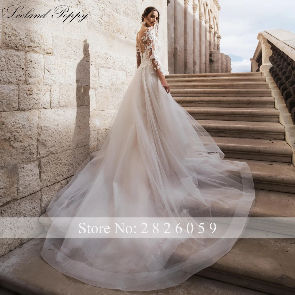 Lceland Poppy Customized Scoop Neck Lace Mermaid Wedding Dresses Full Sleeves Beaded Bridal Gowns with Detachable Train