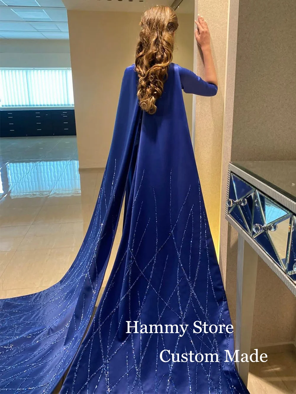 Royal Blue Evening Dress Saud Arabic Prom Dresses Customized 3/4 Sleeves Beading Wings Straight Party Gown Special Occasion