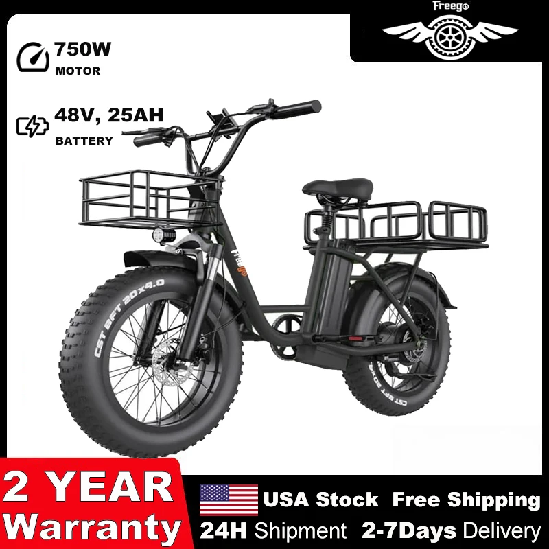 

Freego FB-20X Electric Motorcycle 20" x 4 Fat Tire Electric Bicycle 48V Battery with Front and Rear Cargo Rack 2 Seater Ebike