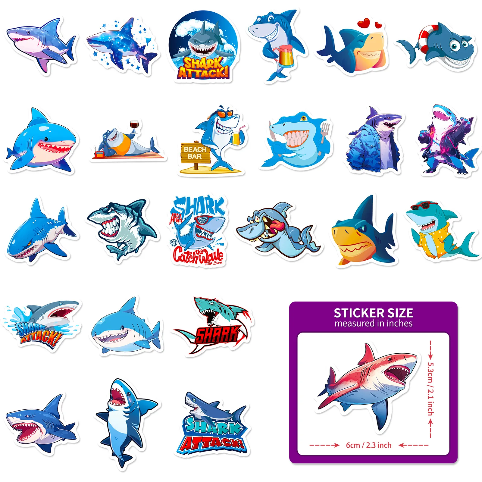 10/25/50pcs Cartoon Ocean Shark Graffiti Stickers for DIY Scrapbook Stationery Water Bottle Phone Laptop Guitar Decal Toy