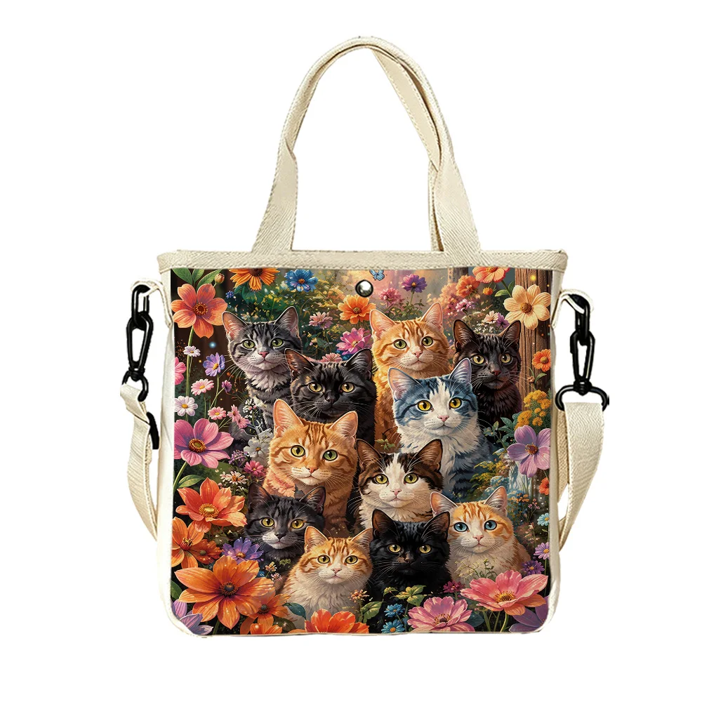 cats among flowers Double-Sided Print Canvas Tote Purse Detachable Crossbody Strap Multi Use Handbag for Errands