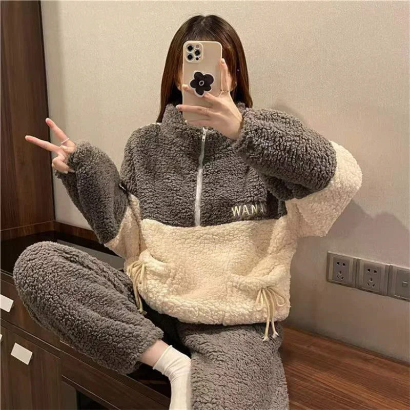 Pajamas Sets Women Coral Fleece Winter Thick Warm Flannel 2Piece /Set Pyjamas Suit Casual Nightwear Home Clothes Soft Sleepwear