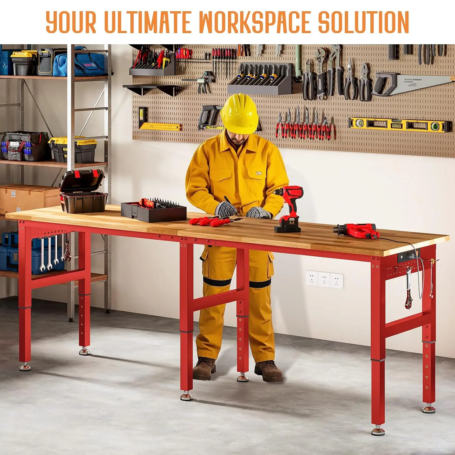 96-Inch Adjustable Heavy-Duty Workbench 6000 Lbs Rubber Wood Top 4 AC & 2 USB Outlets for Garage Workshop, Customized