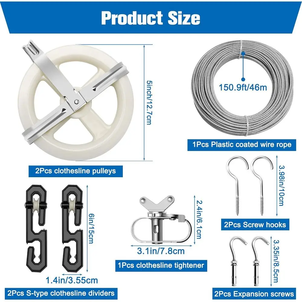150.9T Wire Rope Outdoor Clothesline Kit with 5 Pulleys, S-Type Dividers, Tightener, and Screw Hooks