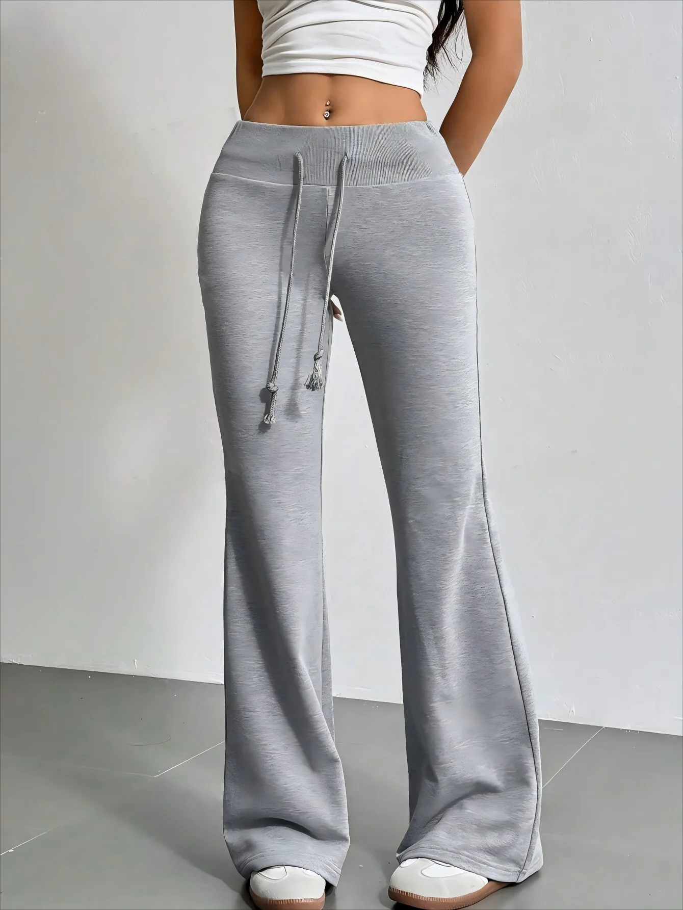 Womens Solid Color High Waist Wide Leg Pants Made of Polyester with Drawstring Closure for Casual Vacation Holiday and Fitness