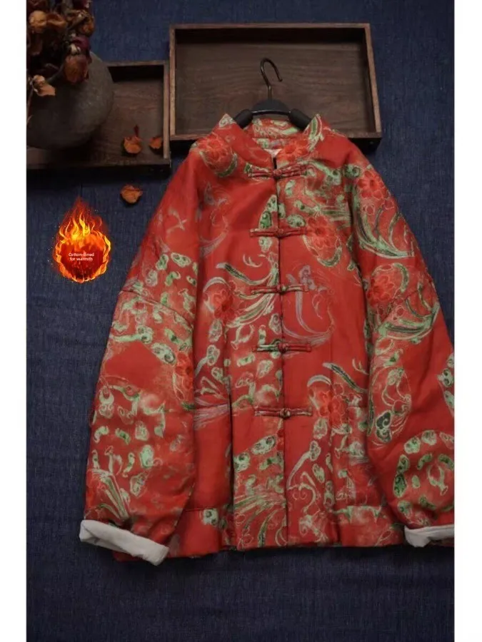 

Thiened Floral Cotton Jaet Double ket Stand Collar Cotton Clothes Traditional Chinese Sle Women's Winter Outerwear