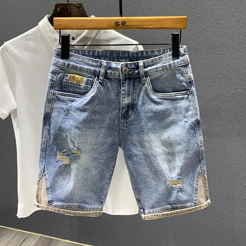 

Summer Thin Light Luxury Trendy Brand High End Retro Beggar Perforated Denim Shorts With Men'S Spliced Elastic Straight Capris